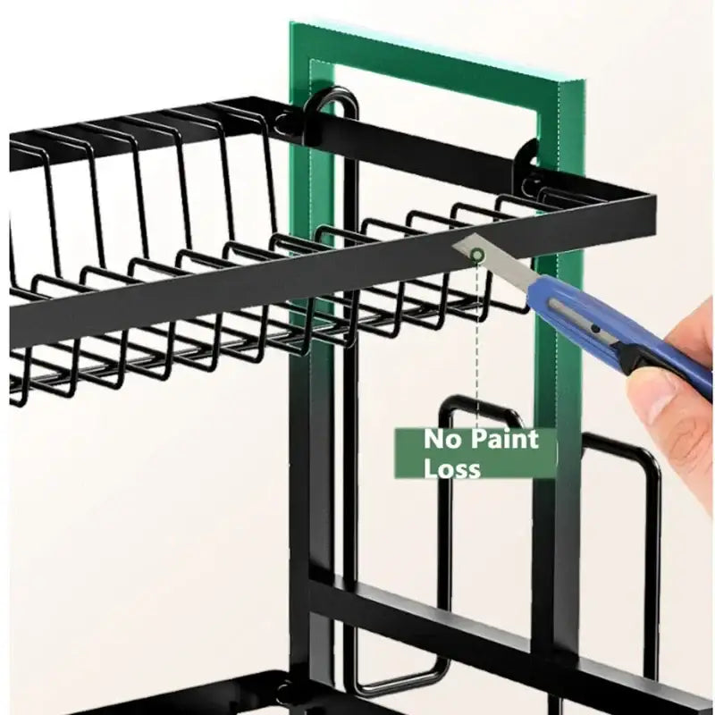 Industrial black and gold 2 tier kitchen storage rack with green metal frame wire mesh shelves and sturdy horizontal bars