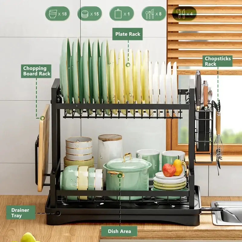 Black and gold industrial two tier kitchen storage rack with chopping board holder plate rack and chopsticks rack