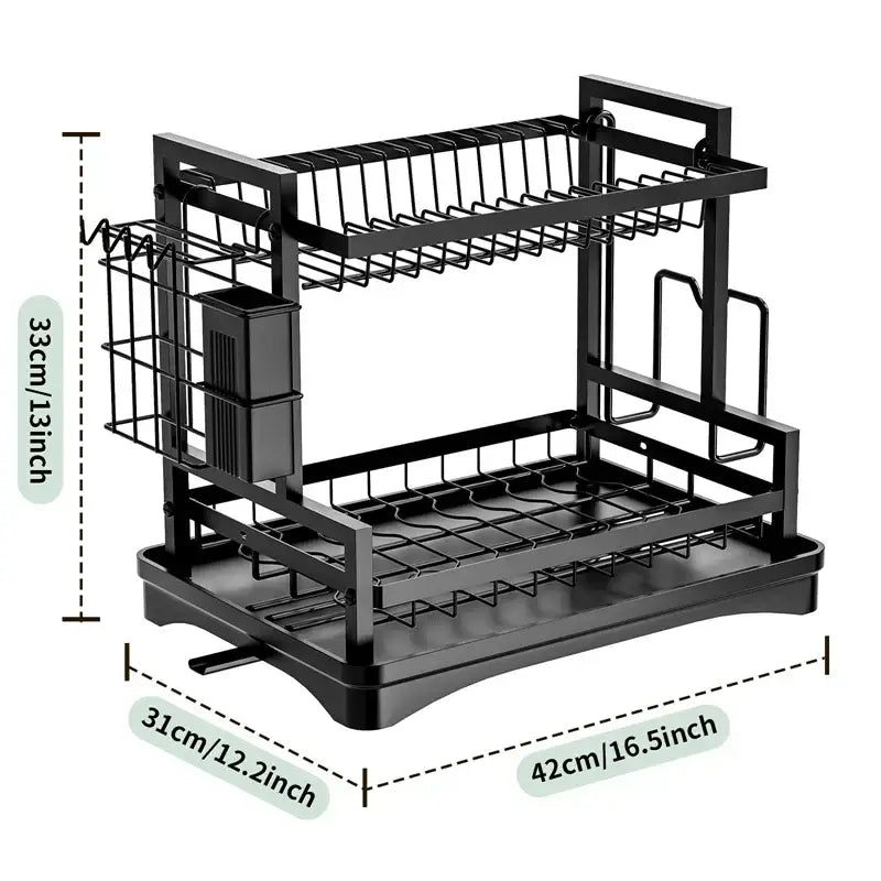 Industrial black and gold two tier metal kitchen storage rack with draining tray and side storage compartment