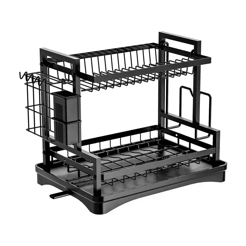 Industrial black and gold two tier kitchen storage rack with wire mesh shelves and plastic base for tier kitchen storage