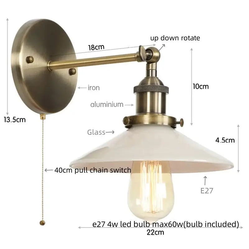 Antique brass-finished industrial decorbites led wall sconce with white glass shade and exposed edison bulb for bedroom lighting