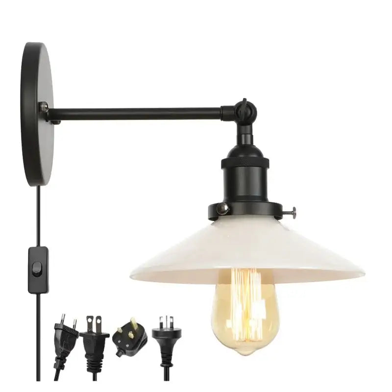 Industrial black and white decorbites led wall sconce with cream glass shade and exposed edison bulb for bedroom lighting
