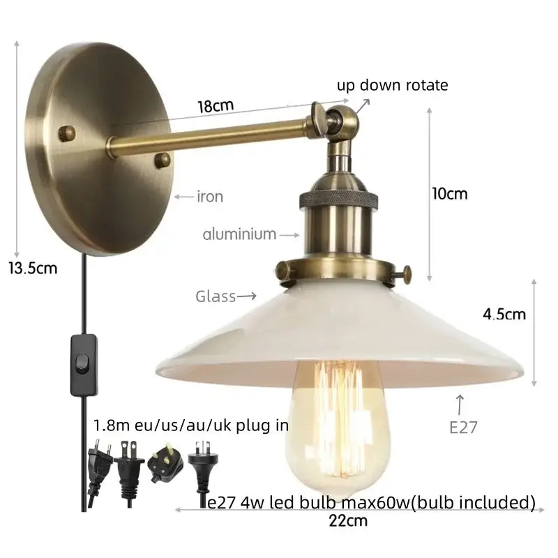 Vintage-style brass decorbites led wall sconce with white glass shade and exposed Edison bulb for bedroom lighting