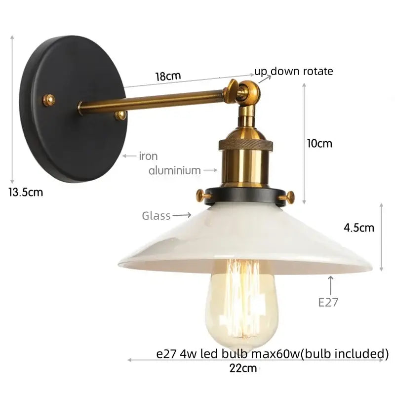 Vintage industrial black and white decorbites led wall lights with brass arm aluminum mounting and white glass shade