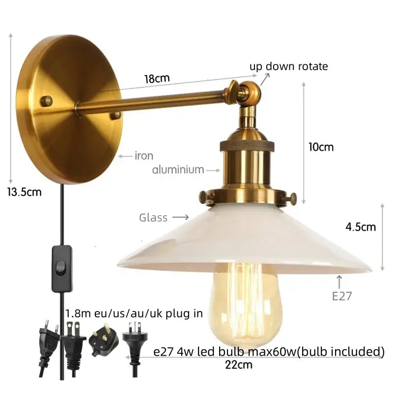 Brass-finished industrial decorbites led wall sconce with white glass shade and exposed edison bulb for bedroom lighting