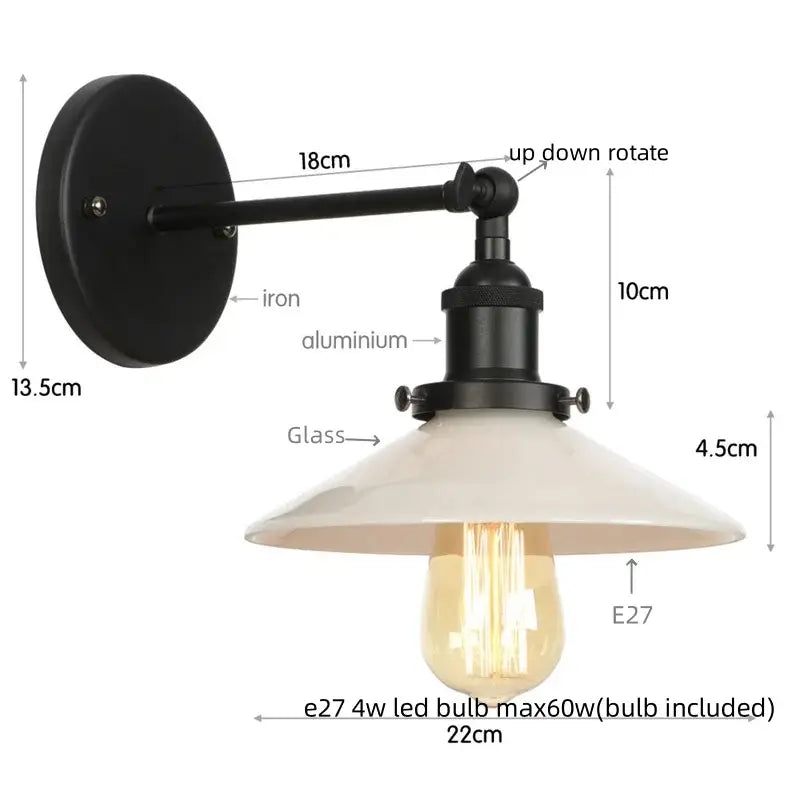 Black iron and aluminum industrial decorbites led wall sconce with cream glass shade for bedroom lighting