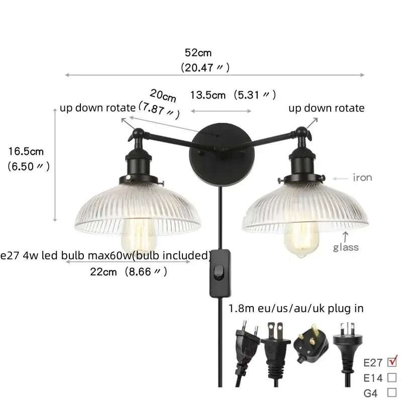 Industrial black iron wall light fixture with two adjustable arms and ribbed glass shades for bedroom use