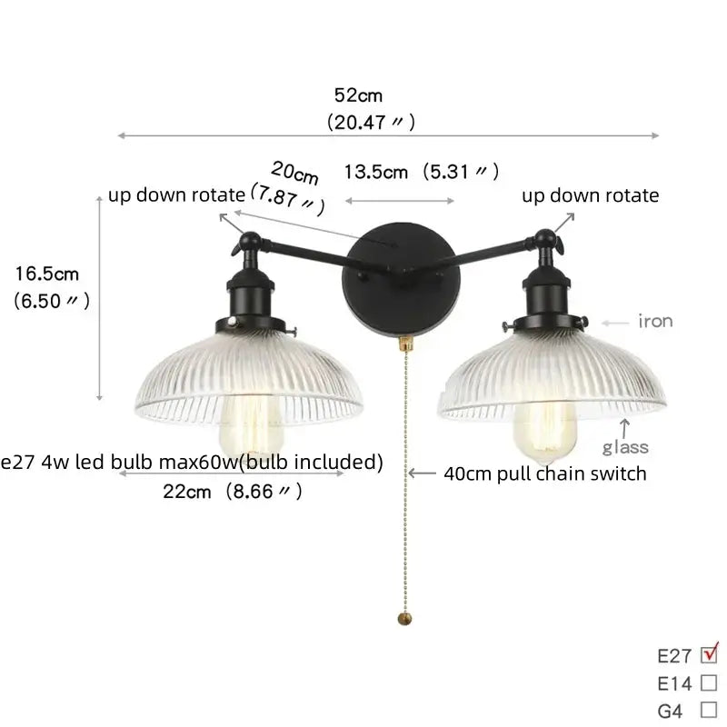 Industrial black iron wall light fixture with two ribbed glass shades and pull chain switch for bedroom use