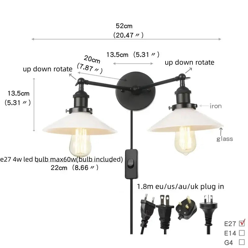 Black iron industrial wall light fixture with two adjustable arms and white glass shades for bedroom sconce use