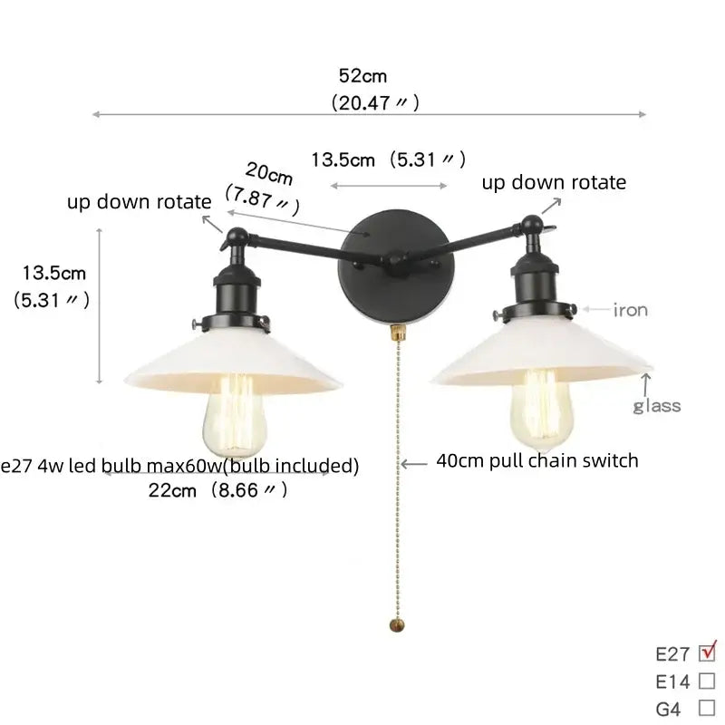 Industrial black iron wall light fixture with two adjustable arms and white glass shades for bedroom sconce lighting
