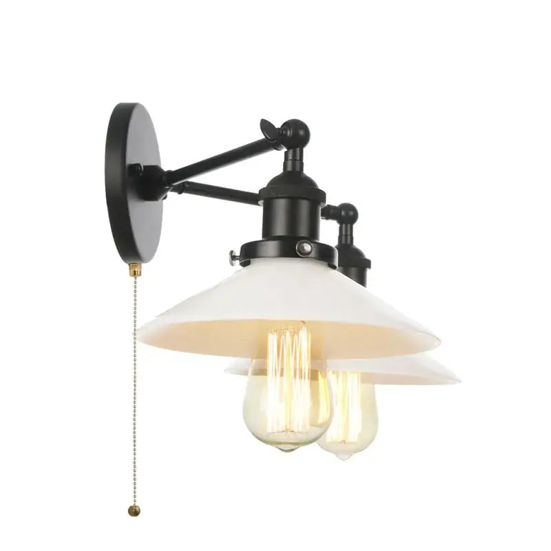 Industrial black and white wall light fixture with black metal frame and white ceramic shades for bedroom wall light
