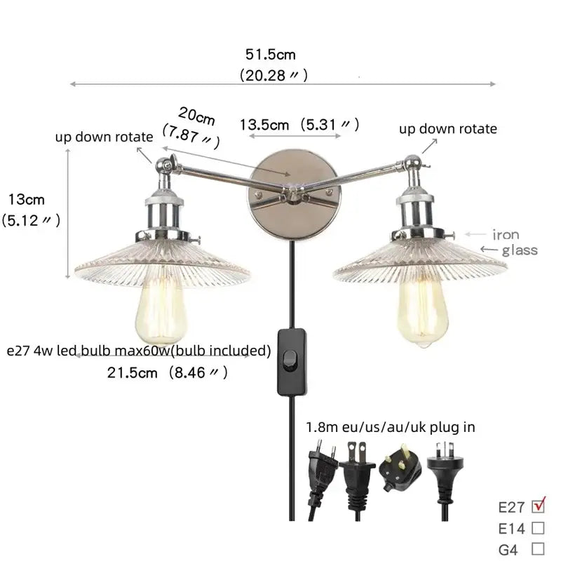 Industrial black and white wall light fixture with chrome iron arms and glass shades featuring two exposed Edison bulbs