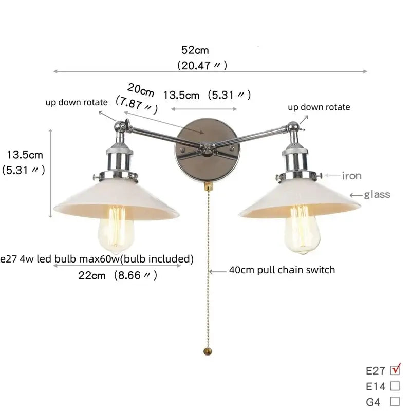 Industrial black and white wall light fixture with chrome iron arms white glass shades and exposed Edison bulb sockets
