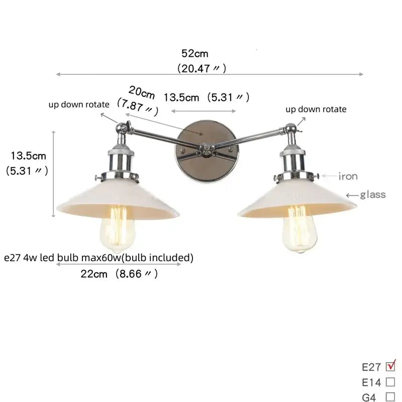 Industrial black and white wall light fixture with chrome iron arms white glass shades and exposed edison bulb sockets