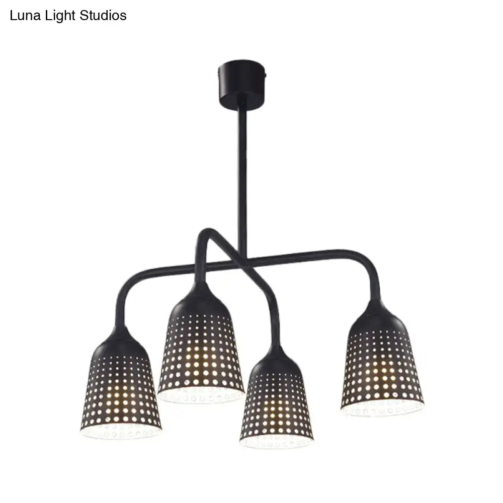 DecorBites™ factory iron black bell pendant light fixture with four perforated bell-shaped shades and bulb bases