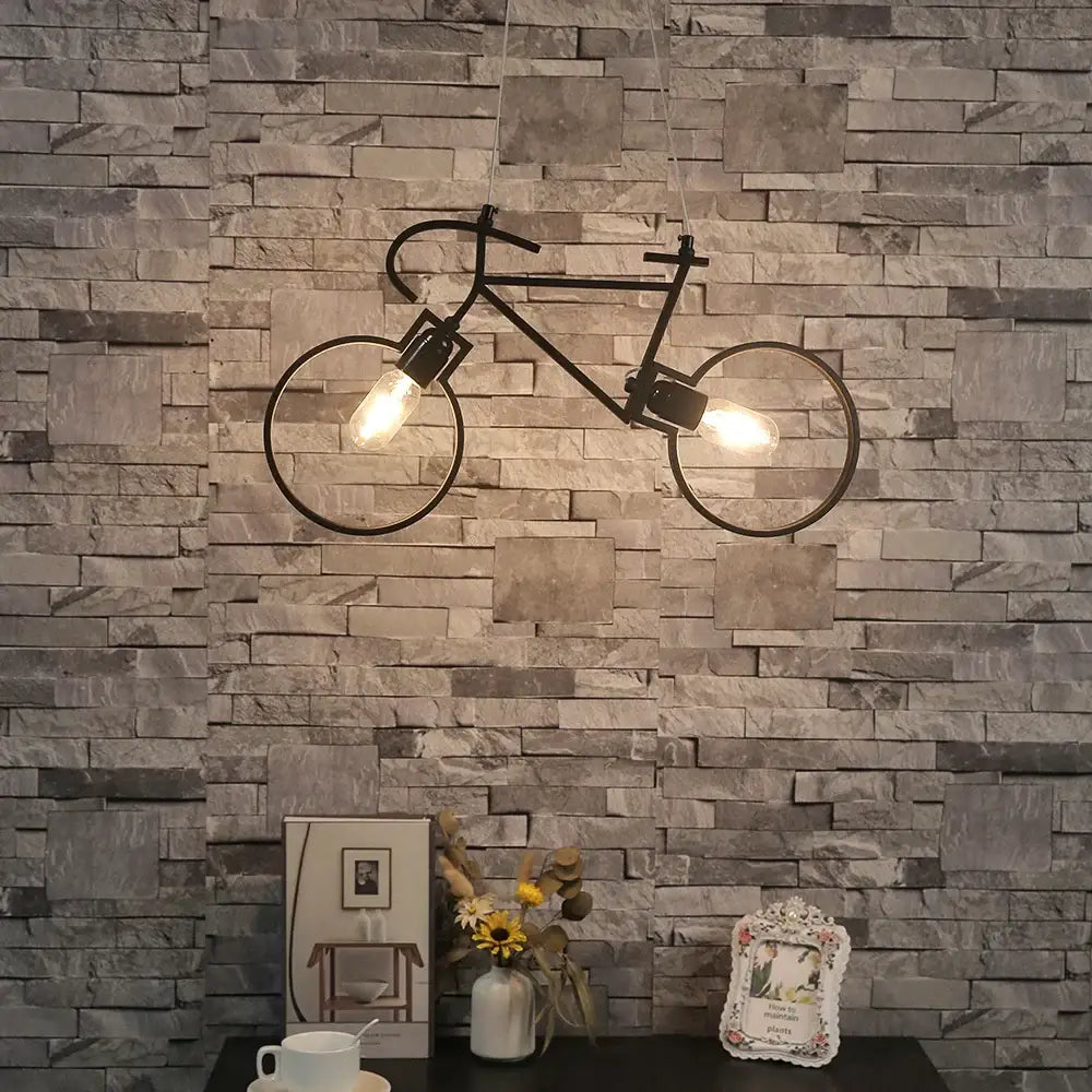 Black metal industrial bicycle pendant light with two exposed filament bulbs for living room decorbites industrial bicycle decor