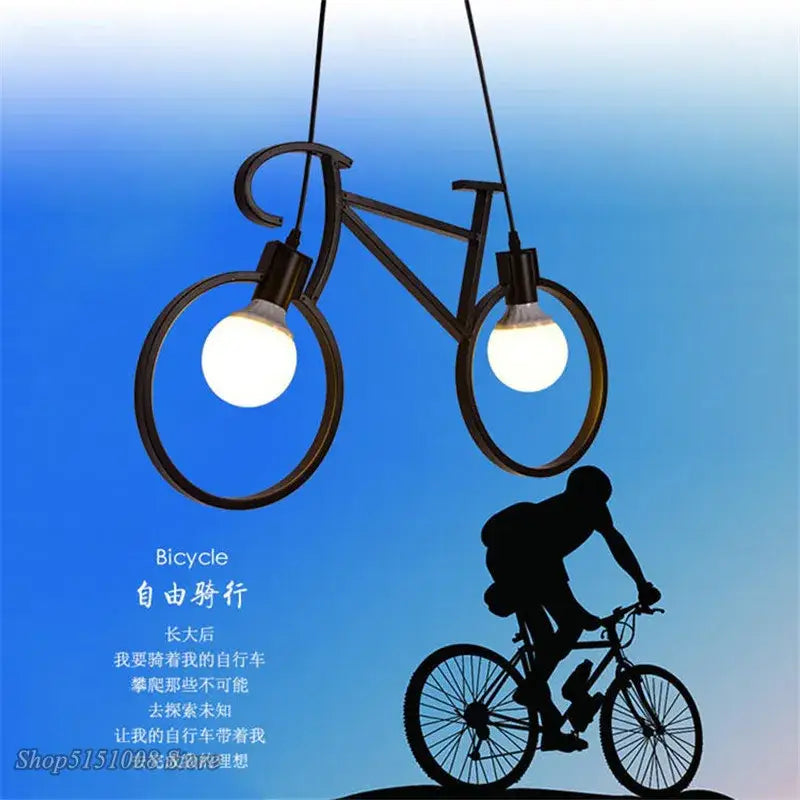 Black metal industrial bicycle pendant light with two glowing bulbs for living room decorbites industrial bicycle fixture