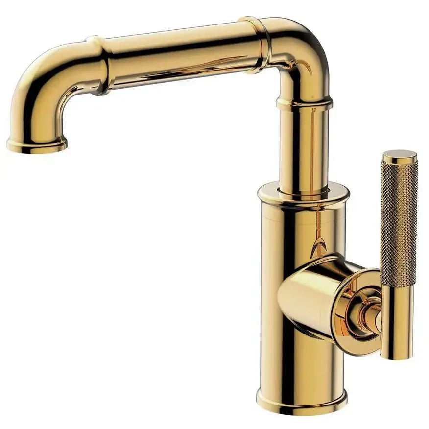Gold-finished black brass basin faucet with vintage industrial design and textured cylindrical handle for bathroom use
