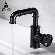 Industrial black brass basin faucet with matte black finish vintage pipe design and circular handle by decorbites