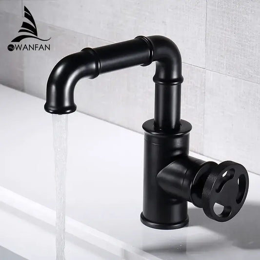 Industrial black brass basin faucet with matte black finish vintage pipe design and circular handle by decorbites