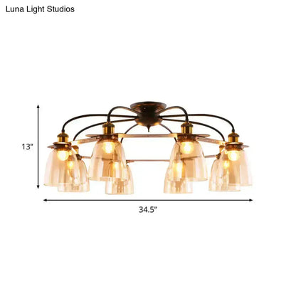 Brass finished ceiling lamp with six warm cognac glass bell shades ideal for living room lighting
