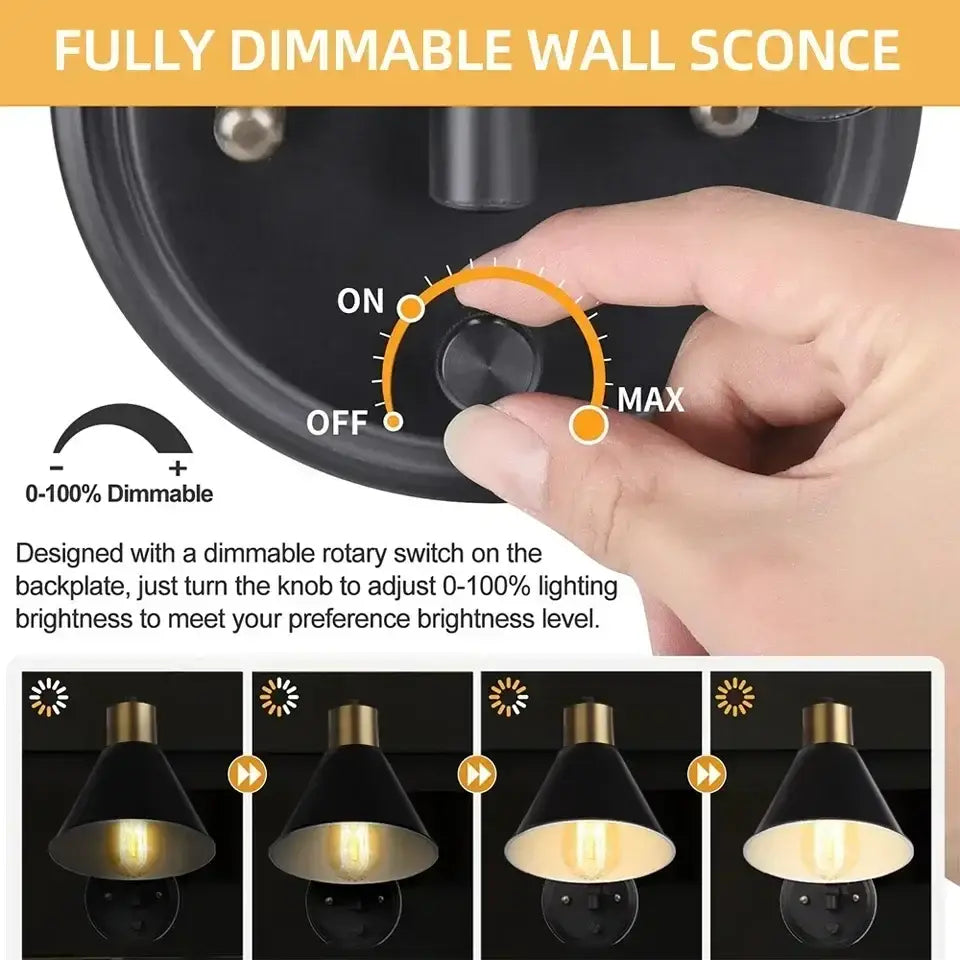 Black conical wall lamp with brass-finished rotary dimmer switch on backplate for decorbites dimmable wall lamp bedroom light