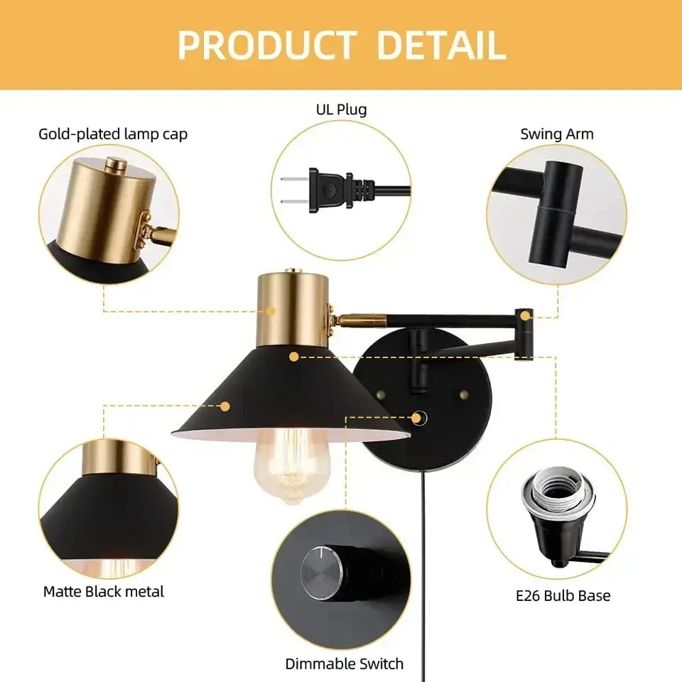 Black matte metal wall lamp with gold-plated accents and swing arm dimmable wall lamp by decorbites for bedroom decor