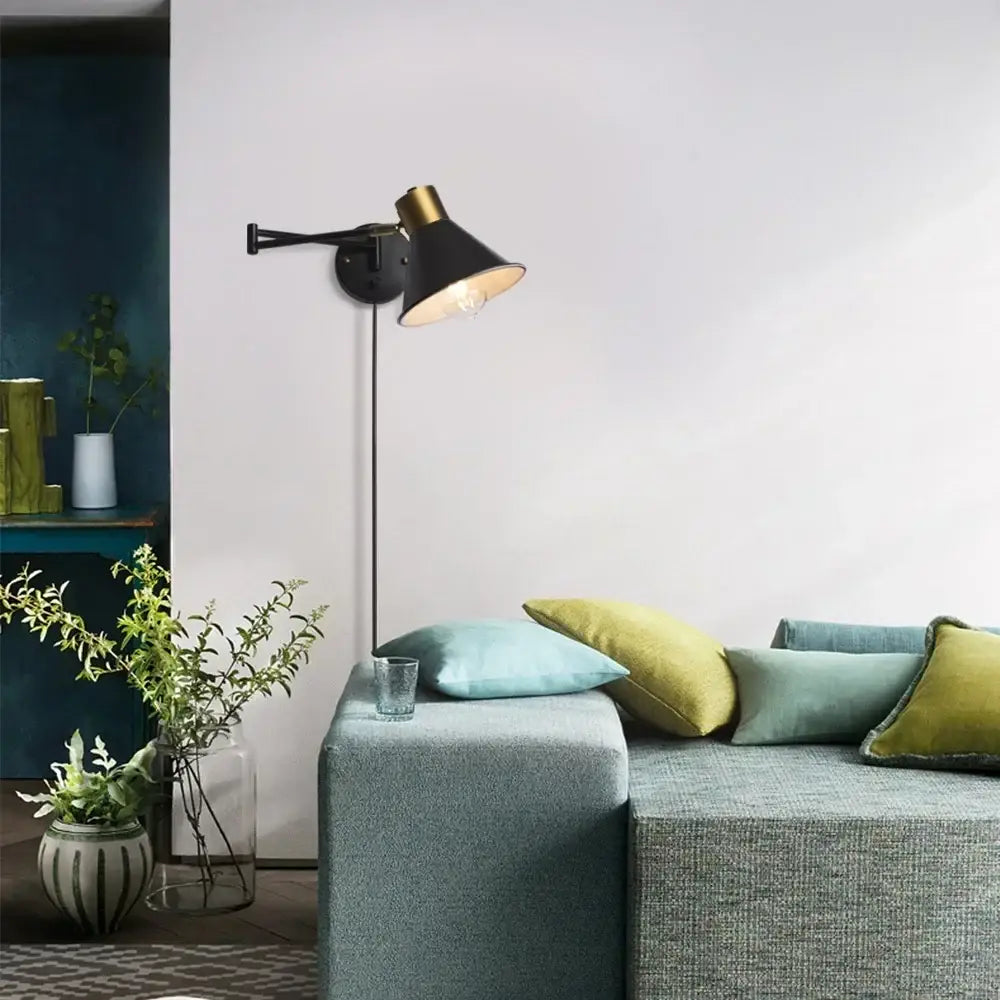 Black and brass industrial wall lamp with conical shade decorbites dimmable wall lamp for bedroom lighting