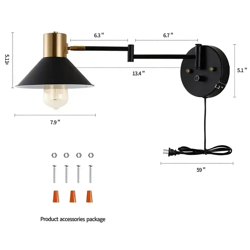 Industrial black and brass dimmable wall lamp with conical shade and exposed bulb for bedroom decorbites dimmable wall use