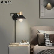 Industrial black and brass dimmable wall lamp with conical shade ideal for bedroom decorbites dimmable wall light