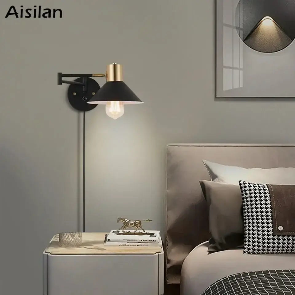 Industrial black and brass dimmable wall lamp with conical shade ideal for bedroom decorbites dimmable wall light