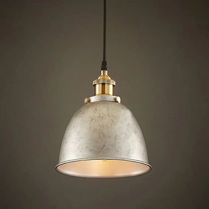 Decorbites lonie industrial style dome pendant lamp with distressed silver metal shade and brass accents in black rust