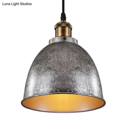 Decorbites™ lonie antique style dome pendant lamp in distressed metallic gray with warm gold interior and brass fixture