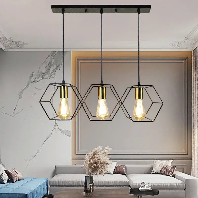 Industrial black and brass hexagonal pendant light with gold-finished holders and exposed Edison bulbs for dining room decorbites industrial led hanging