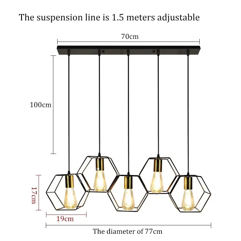 Black and brass hexagonal pendant light featuring brass-finished Edison bulbs for decorbites industrial led hanging use