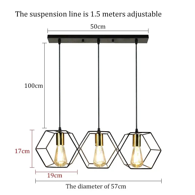 Black metal and brass hexagonal pendant light with three exposed Edison bulbs for industrial led hanging decorbites
