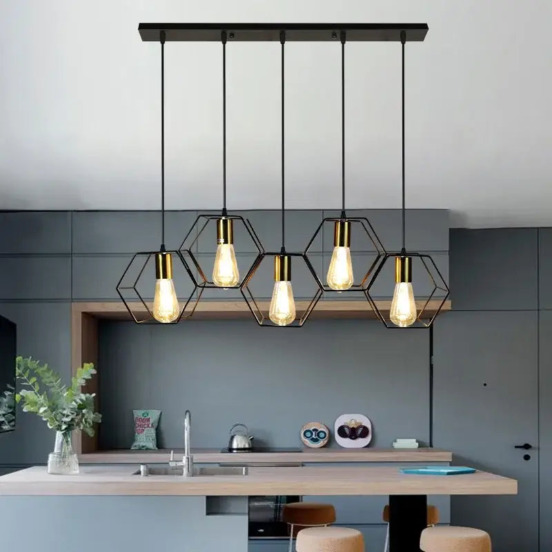 Industrial black and brass hexagonal pendant light with edison bulbs for dining room decorbites industrial led hanging