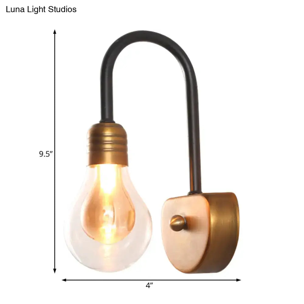 Vintage-style industrial black and brass wall lamp with clear glass bulb and curved arm fixture width for bedroom LED light type