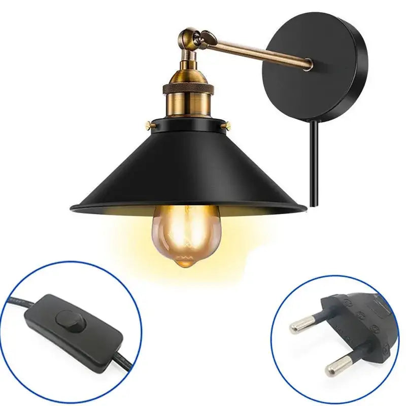 Black metal wall lamp with brass arm and conical shade featuring exposed edison bulb by decorbites industrial black