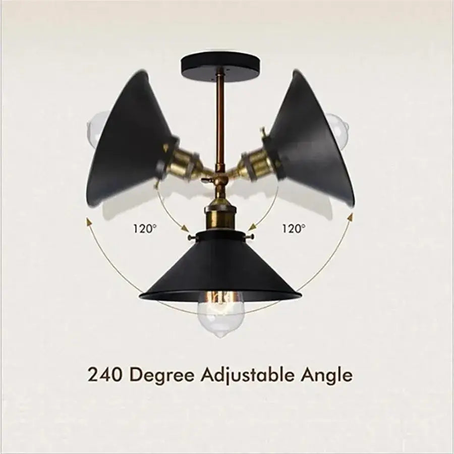 Industrial black wall lamp with three adjustable conical shades and brass accents for bedroom decorbites industrial black style