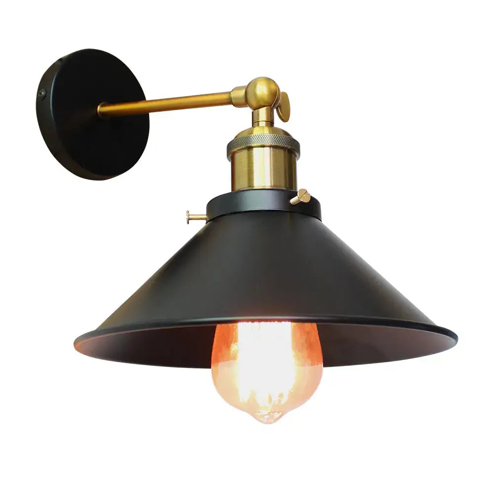 Industrial black and brass wall lamp with matte black conical shade and exposed edison bulb for bedroom sconce decorbites industrial black