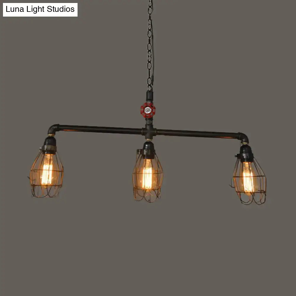 DecorBites™ industrial 3-light black iron pendant with red valve and adjustable cord length for dining room lighting