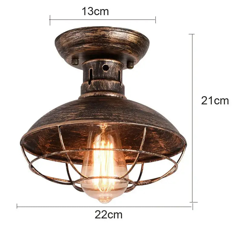 Vintage-style industrial ceiling light with distressed bronze finish and black cage metal dome shade for decorbites industrial ceiling use