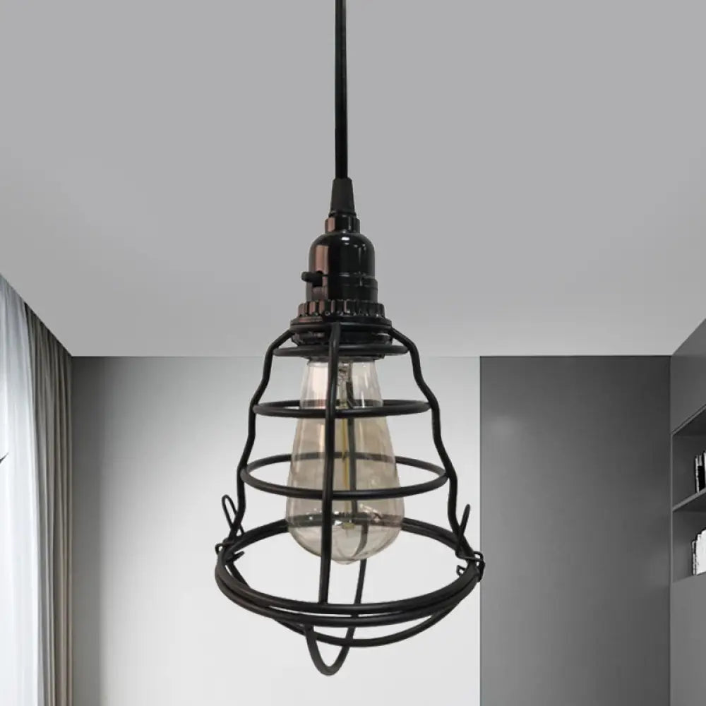 Industrial Black Cage Pendant Light - Bulb Shape, One-Light with Plug-In Cord