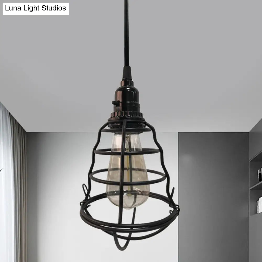 Industrial Black Cage Pendant Light - Bulb Shape, One-Light with Plug-In Cord