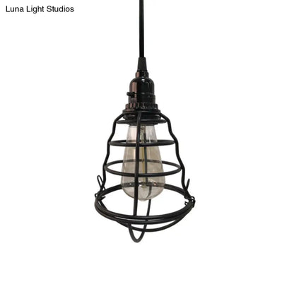 Industrial Black Cage Pendant Light - Bulb Shape, One-Light with Plug-In Cord