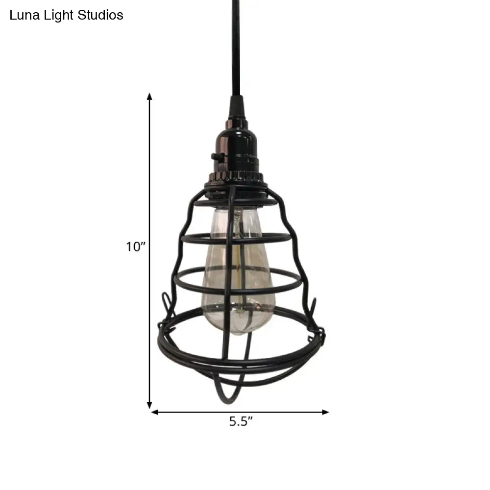 Industrial Black Cage Pendant Light - Bulb Shape, One-Light with Plug-In Cord