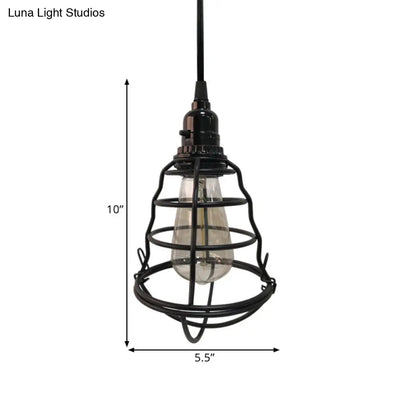 Industrial Black Cage Pendant Light - Bulb Shape, One-Light with Plug-In Cord