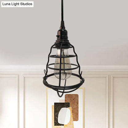 Industrial Black Cage Pendant Light - Bulb Shape, One-Light with Plug-In Cord