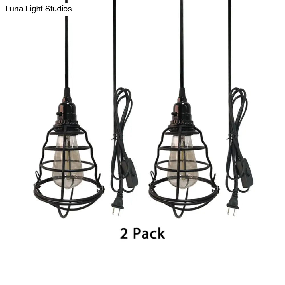 Industrial Black Cage Pendant Light - Bulb Shape, One-Light with Plug-In Cord